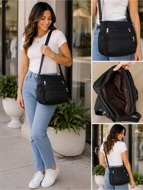 NWT Black Multi-Pocket Nylon Crossbody Travel Purse Lightweight Shoulder Bag